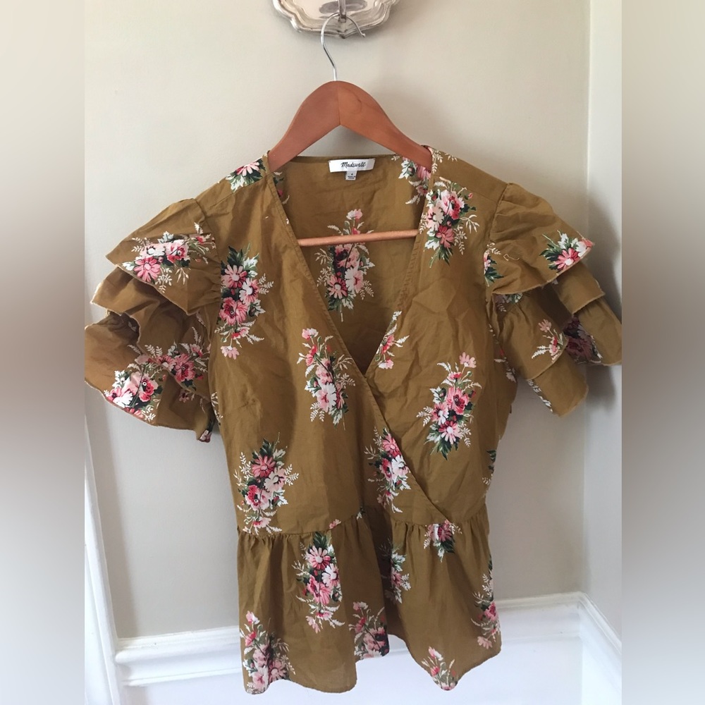 Madewell Floral Wrap Peplum Top Flutter Sleeves 6